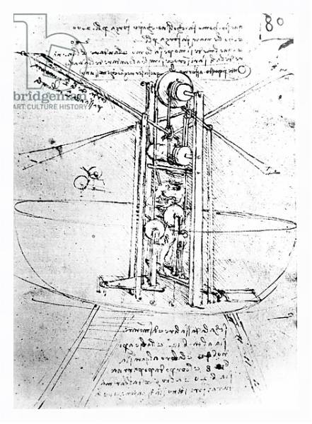 Постер Vertically standing bird's-winged flying machine, fol. 80r from Paris Manuscript B, 1488-90 с типом исполнения На холсте в раме в багетной раме 221-03