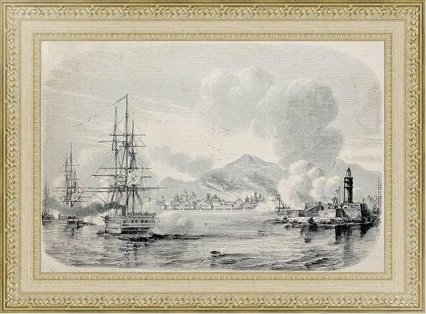 Постер Palermo bombardment in 1860 by Bourbon's fleet and from the Sea castle. Original, from a drawing of  с типом исполнения Акварель в раме в багетной раме 484.M48.725