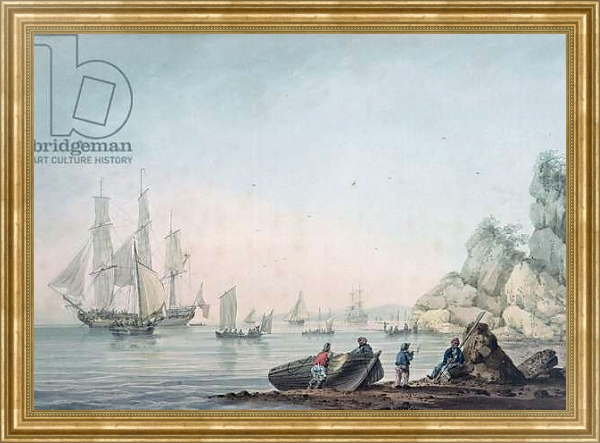 Постер Marine View, with boat and figures on a shore с типом исполнения На холсте в раме в багетной раме NA033.1.051