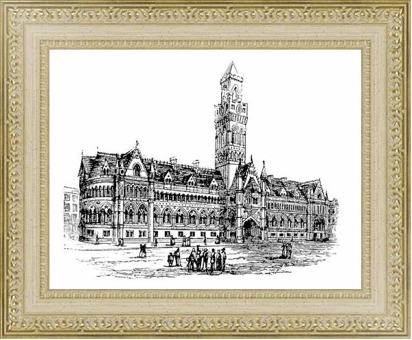Постер Bradford City Hall, Bradford, West Yorkshire, United Kingdom, vintage engraving in the 1890s с типом исполнения Акварель в раме в багетной раме 484.M48.725