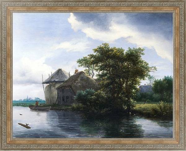 Постер Домик и стог сена у реки с типом исполнения На холсте в раме в багетной раме 484.M48.310