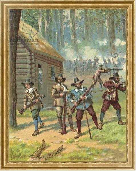 Постер The Pilgrims Fighting the Indians с типом исполнения На холсте в раме в багетной раме NA033.1.051