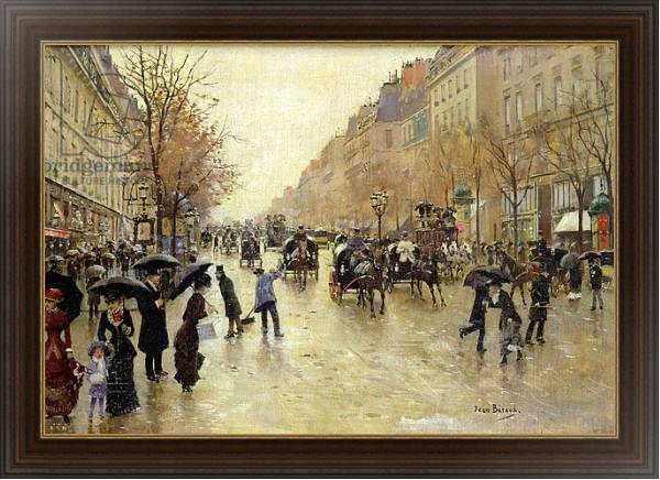 Постер Boulevard Poissonniere in the Rain, c.1885 с типом исполнения На холсте в раме в багетной раме 1.023.151