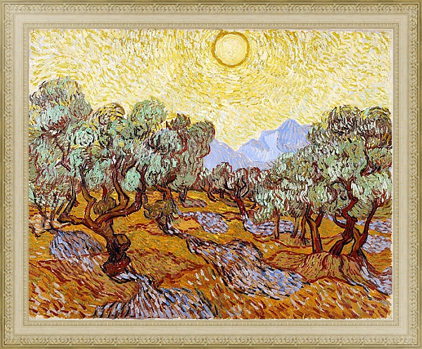 Постер Оливковые деревья с желтым небом и солнцем с типом исполнения На холсте в раме в багетной раме 484.M48.725