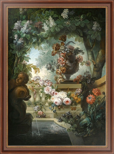 Постер A Garden Scene With An Urn Of Flowers, A Flower Garland And A Fountain Beneath A Canopy Of Wisteria с типом исполнения На холсте в раме в багетной раме 35-M719P-83