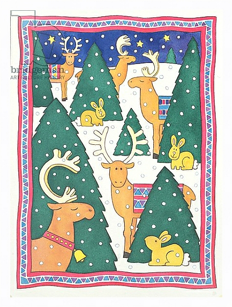 Постер Reindeers around the Christmas Trees с типом исполнения На холсте в раме в багетной раме 221-03