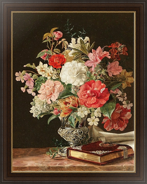 Постер A Bouquet of Flowers with Camellias in a Silver Vase с типом исполнения На холсте в раме в багетной раме 1.023.151