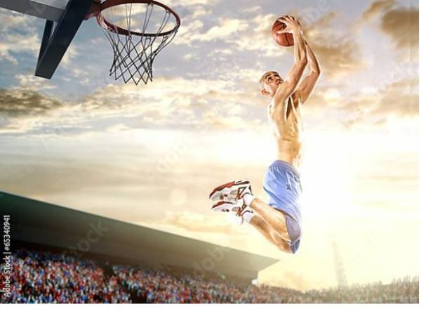 Постер Баскетболист забрасывающий мяч в корзину с типом исполнения На холсте без рамы