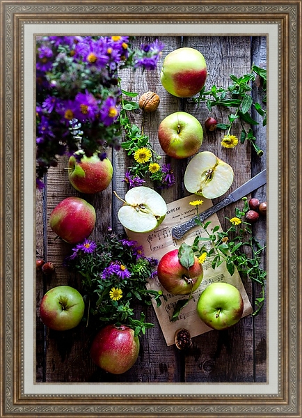 Постер Садовые яблочки, полевые цветы, орехи и ноты на столе с типом исполнения На холсте в раме в багетной раме 595.M52.330