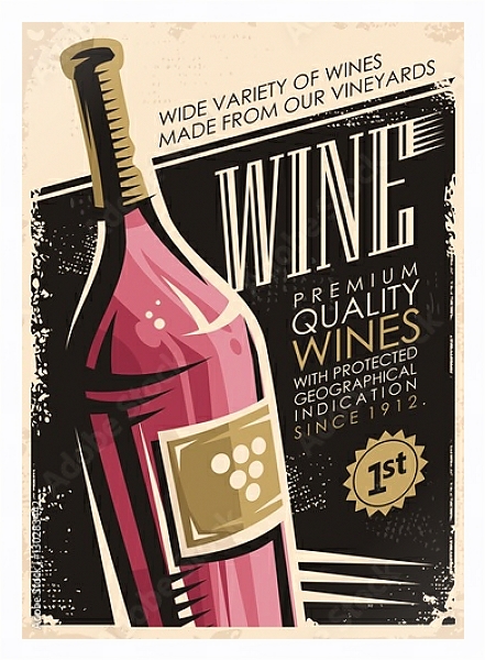 Постер Вино, ретро плакат с бутылкой красного вина с типом исполнения На холсте в раме в багетной раме 221-03