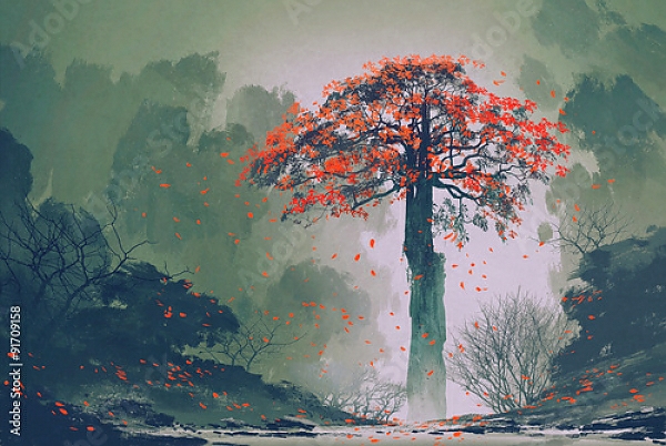Постер Одинокое красное дерево с падающими листьями с типом исполнения На холсте без рамы