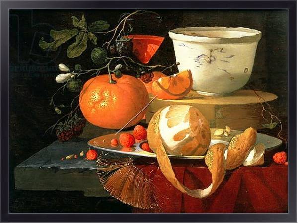 Постер Still life of an orange, a lemon and strawberry on a pewter plate, a wan-li bowl behind с типом исполнения На холсте в раме в багетной раме 221-01