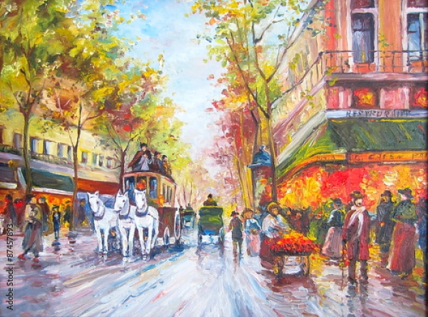 Постер Белая тройка на Парижской улице с типом исполнения На холсте без рамы