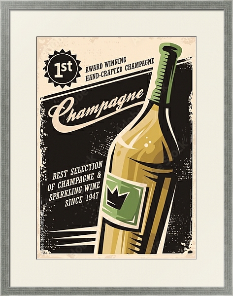 Постер Champagne vintage poster design with bottle and creative typo on dark background с типом исполнения Под стеклом в багетной раме 1727.2510