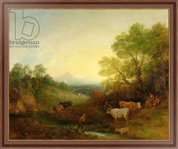 Постер A Landscape with Cattle and Figures by a Stream and a Distant Bridge, c.1772-4 с типом исполнения На холсте в раме в багетной раме 35-M719P-83
