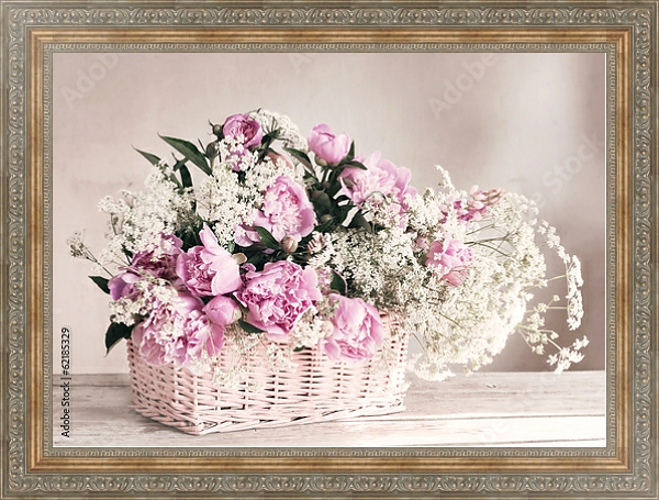 Постер Розовые пионы в корзине №4 с типом исполнения На холсте в раме в багетной раме 484.M48.310