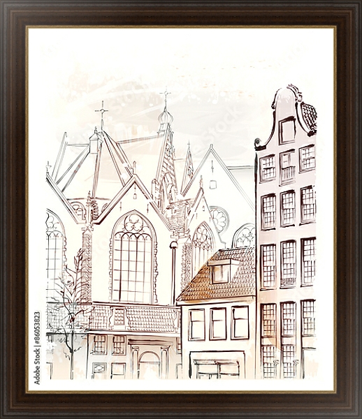 Постер Архитектурный эскиз Амстердама с типом исполнения На холсте в раме в багетной раме 1.023.151
