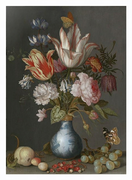 Постер Цветы в бело-голубой вазе с типом исполнения На холсте в раме в багетной раме 221-03