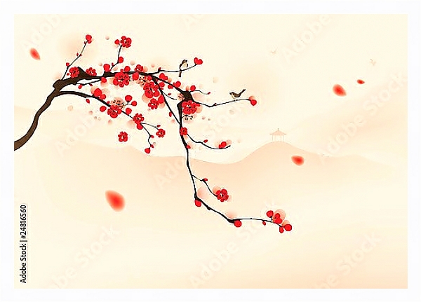 Постер Ветвь цветущей сакуры с типом исполнения На холсте в раме в багетной раме 221-03