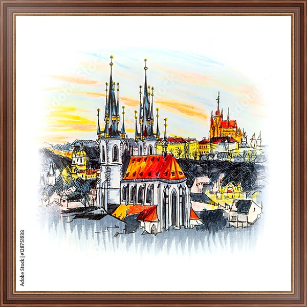 Постер Старый город с храмом на закате в Праге, Чехия, эскиз с типом исполнения На холсте в раме в багетной раме 35-M719P-83