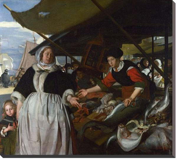 Постер Адриана ван Хьюсден с дочерью на рыбном рынке с типом исполнения На холсте без рамы