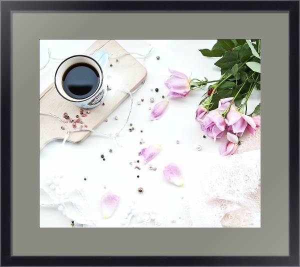 Постер Кашка кофе и букет роз с типом исполнения Под стеклом в багетной раме 221-01