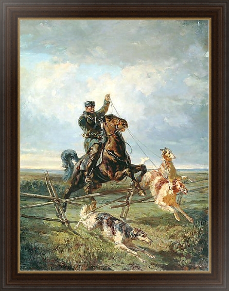 Постер Егерь с тремя борзыми с типом исполнения На холсте в раме в багетной раме 1.023.151