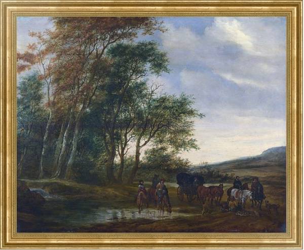 Постер Пейзаж с каретой и всадником у пруда с типом исполнения На холсте в раме в багетной раме NA033.1.051