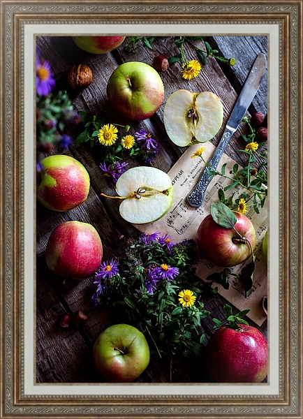 Постер Садовые яблоки, цветы и ноты с типом исполнения На холсте в раме в багетной раме 595.M52.330