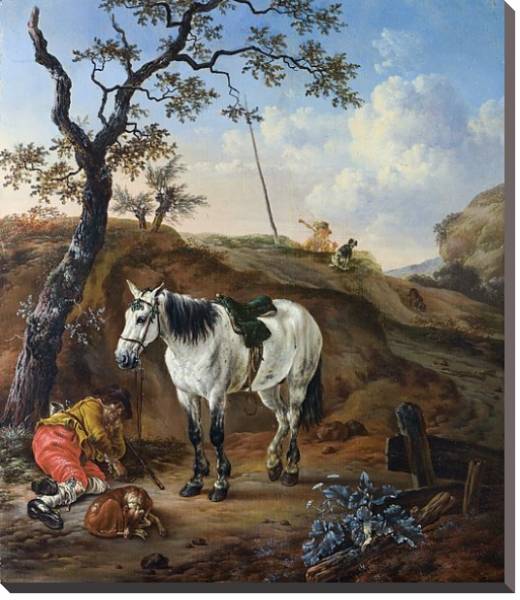 Постер Белая лошадь у спящего мужчины с типом исполнения На холсте без рамы