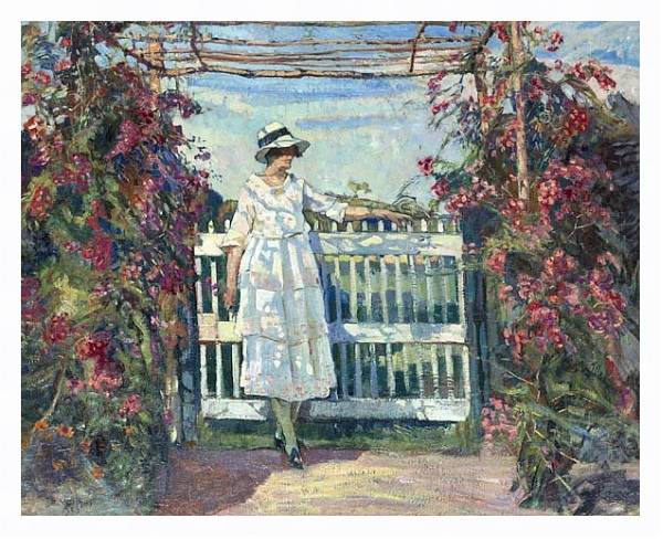 Постер Молодая женщина в саду с розами с типом исполнения На холсте в раме в багетной раме 221-03
