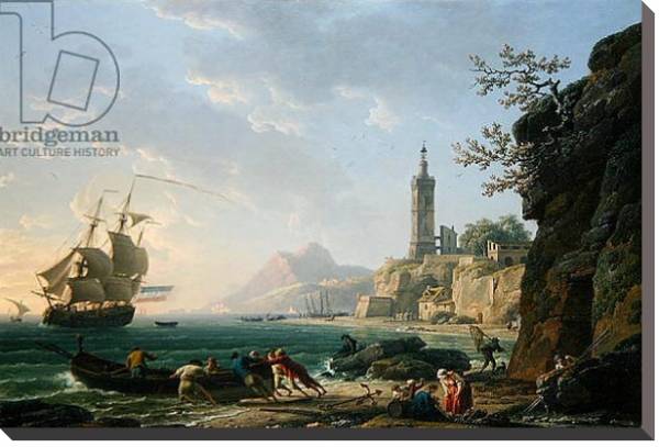 Постер A Coastal Mediterranean Landscape with a Dutch Merchantman in a Bay, 1769 с типом исполнения На холсте без рамы