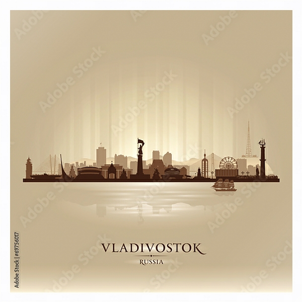 Постер Владивосток, Россия. Силуэт города с типом исполнения На холсте в раме в багетной раме 221-03