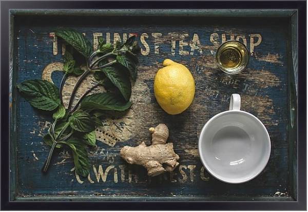 Постер Чай с лимоном, мятой и имбирным корнем с типом исполнения На холсте в раме в багетной раме 221-01