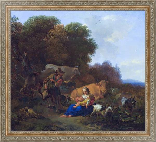 Постер Крестьянин, играющий с женщиной и ребенком с типом исполнения На холсте в раме в багетной раме 484.M48.310