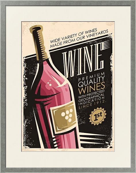 Постер Вино, ретро плакат с бутылкой красного вина с типом исполнения Под стеклом в багетной раме 1727.2510