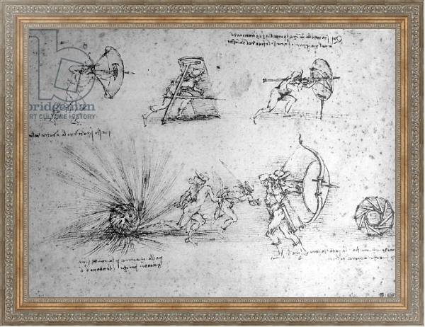 Постер Study with Shields for Foot Soldiers and an Exploding Bomb, c.1485-88 с типом исполнения На холсте в раме в багетной раме 484.M48.310