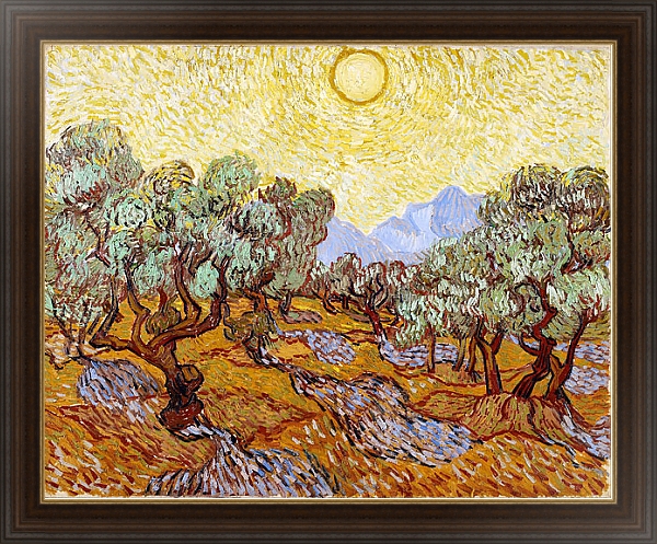 Постер Оливковые деревья с желтым небом и солнцем с типом исполнения На холсте в раме в багетной раме 1.023.151