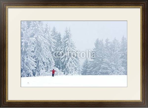 Постер Лыжник в зимнем лесу с типом исполнения Под стеклом в багетной раме 1.023.036