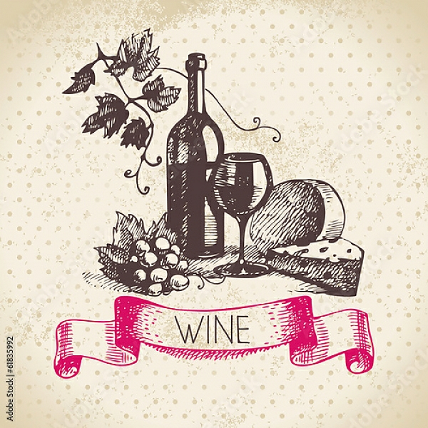 Постер Иллюстрация с вином и сыром с типом исполнения На холсте без рамы