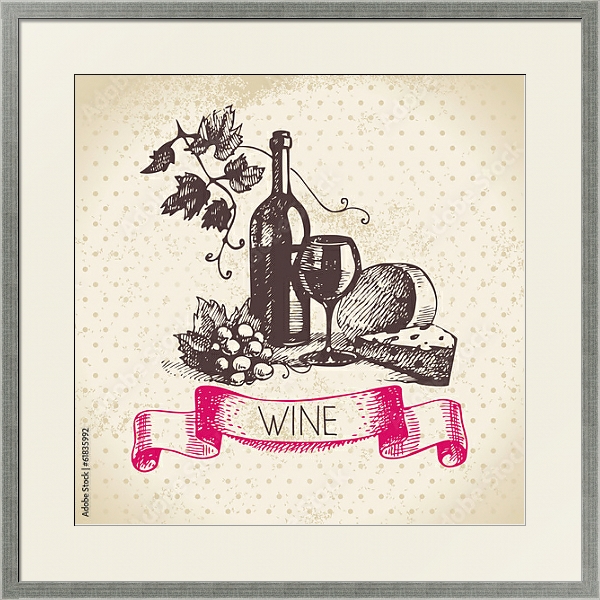 Постер Иллюстрация с вином и сыром с типом исполнения Под стеклом в багетной раме 1727.2510