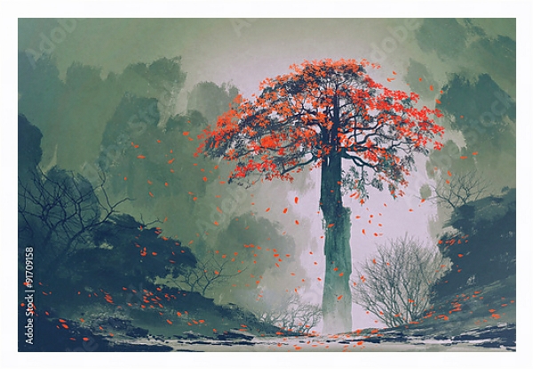 Постер Одинокое красное дерево с падающими листьями с типом исполнения На холсте в раме в багетной раме 221-03