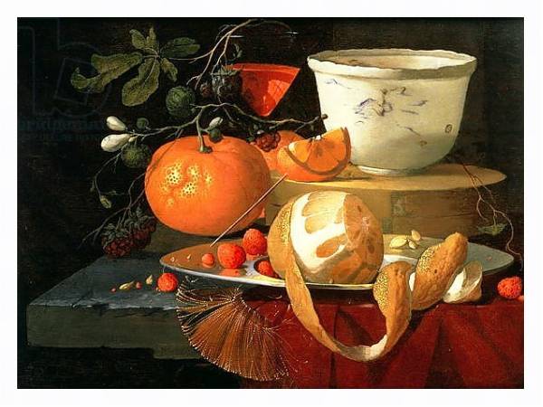 Постер Still life of an orange, a lemon and strawberry on a pewter plate, a wan-li bowl behind с типом исполнения На холсте в раме в багетной раме 221-03