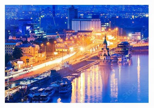Постер Украина, Киев. Ночная набережная с типом исполнения На холсте в раме в багетной раме 221-03