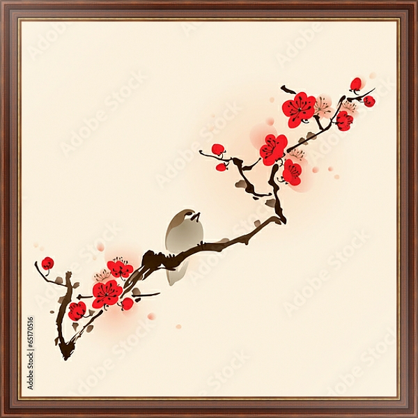 Постер Птичка и сакура в цвету с типом исполнения На холсте в раме в багетной раме 35-M719P-83
