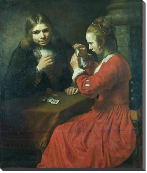 Постер Молодые юноша и девушка, играющие в карты с типом исполнения На холсте без рамы