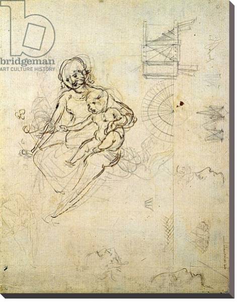 Постер Studies for a Virgin and Child and of Heads in Profile and Machines, c.1478-80 с типом исполнения На холсте без рамы
