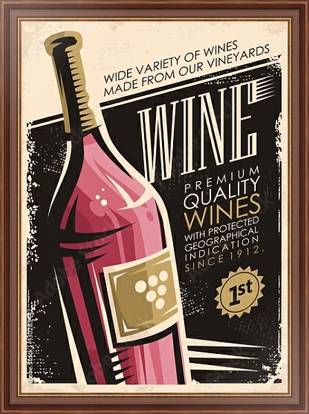 Постер Вино, ретро плакат с бутылкой красного вина с типом исполнения На холсте в раме в багетной раме 35-M719P-83