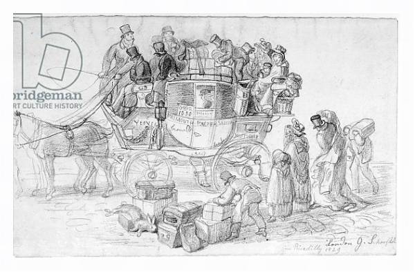 Постер A West Country Mail Coach leaving Piccadilly, 1829 с типом исполнения На холсте в раме в багетной раме 221-03