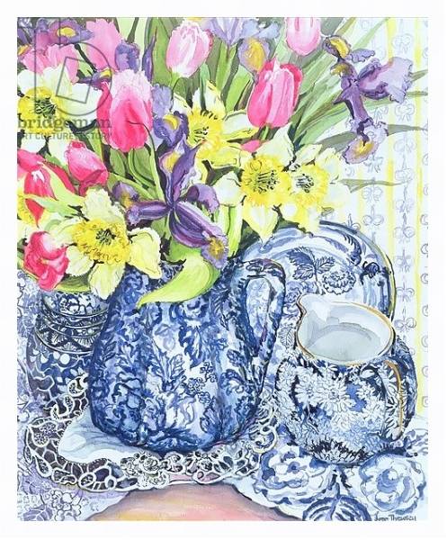 Постер Daffodils, Tulips and Irises with Blue Antique Pots с типом исполнения На холсте в раме в багетной раме 221-03